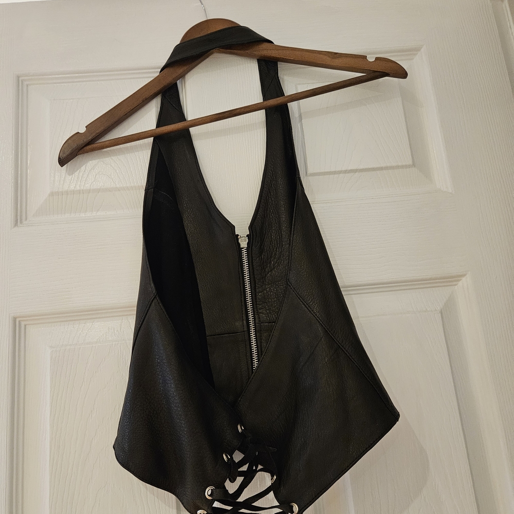 Black Leather Halter Vest with Lace-Up Back
